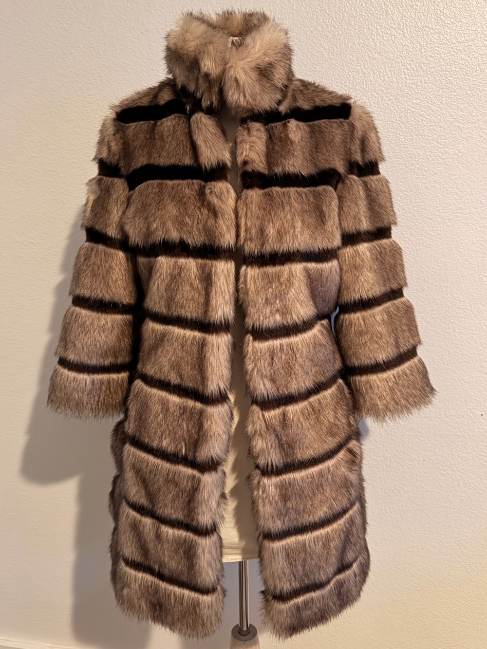 Adrienne Landau Brown Striped Faux Fur Pea Coat Luke Statement outerwear
